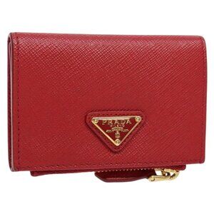 PRADA Card Case Safiano leather Red Gold Auth 140692